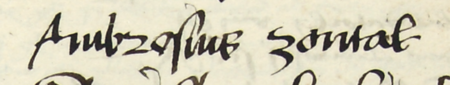 Z księgi radzieckiej Kazimierza obejmującej lata 1481–1508: fragment wpisu dokumentującego
wybór rady urzędującej na rok 1482, z Ambrożym Zontagiem w składzie – oraz zbliżenie zapisu imienia
(Archiwum Narodowe w Krakowie, sygn. K 7, s. 15)