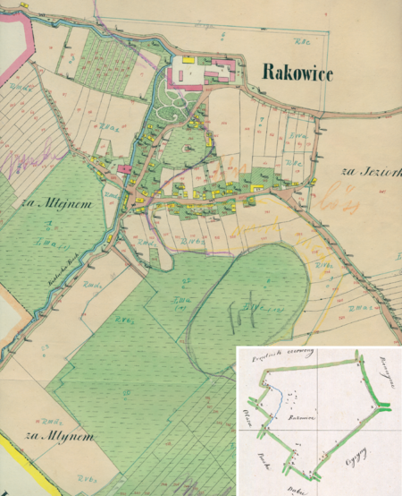 Centrum Rakowic na mapie katastralnej sporządzonej dla gminy katastralnej Rakowice w 1850 roku oraz
pochodzący z lat 1847–1848 plan sytuacyjny z wyrysowanymi granicami gminy Rakowice i lokalizacją gmin
sąsiadujących (Archiwum Narodowe w Krakowie, sygn. K. Krak. 519 I; sygn. WM 563a, nlb.)