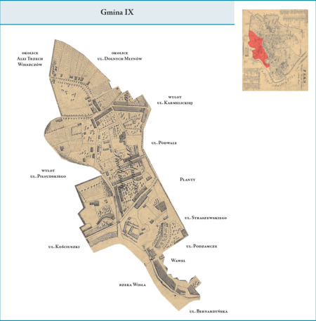 Gmina IX według stanu z roku 1816 na przywołanym wcześniej planie miasta z 1831 r. – sercem tej gminy było ówczesne
Przedmieście Smoleńsko, zwane później Nowym Światem, w jej obszar wchodziła też część Piasku, Półwsie Zwierzynieckie
i przywiślany pas Podzamcze aż po Stradom; z innego punktu widzenia były to dawne jurydyki: część Garbar, Retoryka, Smoleńsk,
Wygoda, Wielkorządzka, Groble, Rybaki. Południową granicę gminy stanowiła Wisła, na wschodzie granicę wytyczały fragment
ówczesnych okopów (rejon dzisiejszych Alei Trzech Wieszczów) oraz zakole dawnego koryta rzeki Rudawy, północno-wschodnia
i wschodnia granica biegła fragmentem dzisiejszych ulic Czarnowiejskiej i Dolnych Młynów, po wylot ul. Karmelickiej w Planty,
a następnie linią Plant (ulice Podwale i Straszewskiego), do ul. Podzamcze, dalej tą ulicą oraz wokół podnóża Wawelu aż po
ul. Bernardyńską, należącą już do Gminy VI. Użyte tutaj i przy powyższym planie dzielnicy nazwy terenowe podano według
nazewnictwa obowiązującego aktualnie.