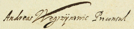 Z księgi radzieckiej dotyczącej administracji miasta obejmującej lata 1538–1643 fragment strony 372 z wpisem z 1626 roku
dokonanym za kadencji burmistrzowskiej Andrzeja Węgrzynowicza – oraz powiększenie zapisu imienia i funkcji burmistrza
(Archiwum Państwowe w Krakowie, sygn. rkps 1213, s. 372)