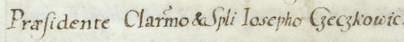 Z urzędowego spisu rajców obejmującego lata 1363–1802 fragment strony 46 z wpisem o wyborze do rady na miejsce
po zmarłym Mikołaju Króliku (nr 529) nowego rajcy Ludwika Guilhauma (nr 587), czego dokonano za kadencji
burmistrzowskiej Józefa Antoniego Częczkiewicza w 1714 roku – oraz powiększenie zapisu imienia i funkcji burmistrza
(Archiwum Państwowe w Krakowie, sygn. rkps 1477, s. 46)