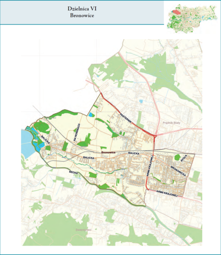 Dzielnica VI Bronowice według stanu z 2017 r. na przywołanym wcześniej planie miasta z tego samego roku – dzielnica samorządowa
o powierzchni 9,56 km² (udział 2,92% w całej powierzchni miasta), położona na terenach historycznych jednostek katastralnych:
Bronowice Małe i Mydlniki, fragmentami także Łobzów, Wola Justowska i Chełm (vide plan na s. 239).
Opis przebiegu granic tej dzielnicy podano na następnej stronie.