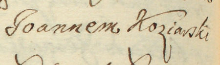 Z akt sądu wielkorządowego obejmujących lata 1665–1682 fragment wpisu z 1672 roku dokumentującego zawisły przed
tym sądem spór między Zofią Chwałkową a Janem Kosiarowskim, rajcą kazimierskim, występującym tu wraz z żoną Reginą
– zbliżenie zapisu imienia (Archiwum Narodowe w Krakowie, sygn. Teut. 72, s. 470)