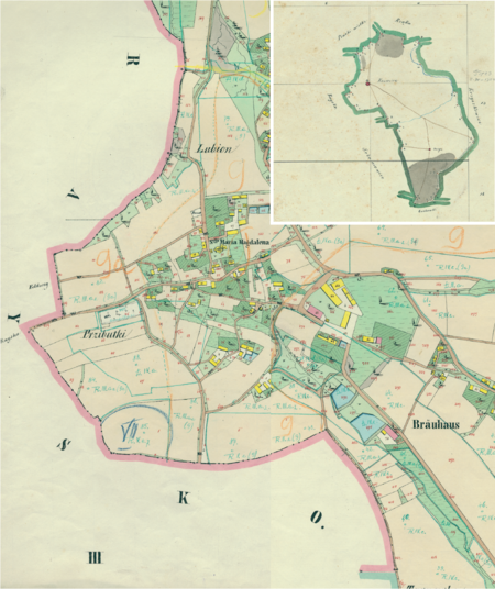 Centrum Kosocic na mapie katastralnej sporządzonej dla gminy katastralnej Kosocice w 1848 roku oraz pochodzący
z 1845 roku plan sytuacyjny z wyrysowanymi granicami gminy Kosocice oraz lokalizacją gmin sąsiadujących
(Archiwum Narodowe w Krakowie, sygn. K. Krak. 257 III, IV; sygn. K. Krak. op. 67, s. 1)