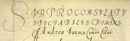 Z księgi radzieckiej obejmującej lata 1598–1601 strona 688 z wpisami spraw za kadencji burmistrzowskiej
Andrzeja Bartscha w 1600 roku – oraz powiększenie zapisu imienia i funkcji burmistrza
(Archiwum Państwowe w Krakowie, sygn. rkps 455, s. 688)