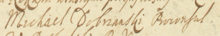 Z akt rachunkowych Kleparza obejmujących rozliczenia lonerskie z lat 1688–1715:
końcowy fragment wpisu z 1713 roku dotyczącego zestawienia długów zaciągniętych przez lonerów, co w pierwszej
pozycji podpisał Michał Dobrzański, wówczas burmistrz kleparski – oraz zbliżenie zapisu imienia i funkcji
(Archiwum Narodowe w Krakowie, sygn. KL 129, s. 24)