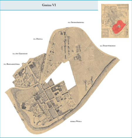 Gmina VI według stanu z roku 1816 na przywołanym wcześniej planie miasta z 1831 r. – na jej powierzchnię składały się tereny
Stradomia i Kazimierza z dawnym Bawołem, ograniczone od strony północnej dzisiejszymi ulicami Bernardyńską i św. Gertrudy,
starorzeczem Wisły, to jest ul. Dietla, fragmentem ul. Grzegórzeckiej i al. Daszyńskiego, jak też od strony południowej rzeką Wisłą.
Z obszaru Gminy VI wyłączone były tereny Kazimierza stanowiące siedliska żydowskie (tzw. Miasto Żydowskie), dla których
ustanowiono dwie odrębne gminy o numerach X i XI. Zatem w obręb tej gminy wchodził tzw. Kazimierz chrześcijański.
Użyte tutaj i przy powyższym planie dzielnicy nazwy terenowe podano według nazewnictwa obowiązującego aktualnie.