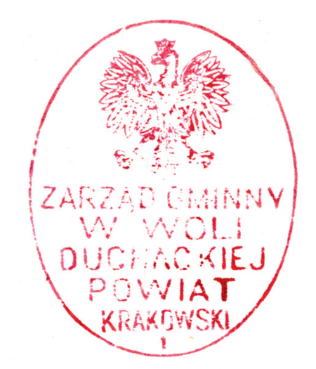 (1938)
Odcisk w laku pieczęci gromadzkiej Woli
Duchackiej z 1843 roku oraz odciski pieczęci
urzędowych z lat 1843, 1900 i 1938
(Archiwum Narodowe w Krakowie,
sygn. K. Krak. op. 83, s. 17; sygn. K. Krak.
op. 76, s. 4; sygn. Kr 7950, nlb.;
sygn. 29/1023/36, nlb.)