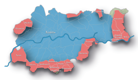 Etap III:
poszerzenie granic w 1973 roku
Na planie obrazującym dzisiejsze granice Krakowa powierzchnia miasta do roku 1973 (kolor niebieski) oraz tereny przyłączone do miasta tymże
roku (kolor czerwony). Przyłączone tereny to wsie lub ich części: Kosocice z Baryczą; Soboniowice; Rajsko; Wróblowice; Swoszowice; Opatkowice;
Sidzina; Tyniec z Podgórkami; Olszanica; Mydlniki; Łuczanowice; Kościelniki; Wolica z Rogowem; Przylasek Wyciąski; Wyciąże; Przylasek
Rusiecki; Przewóz; Bieżanów (część Bieżanowa włączono do Krakowa już wcześniej, w 1941 roku). Włączono do miasta również część północną
Zbydniowic (jej południową część, zatem resztę wsi, przyłączono do miasta w 1986 roku). Do Krakowa przyłączono wówczas także części Batowic,
Libertowa i Lusiny, ale nie wcielono ich w całości i gminy te funkcjonują do dziś jako samodzielne w okrojonym w 1973 roku rozmiarze (na planie
uwzględniono te częściowe przyłączenia, jednak bez nazw wsi, które pozostały poza granicami miasta, zachowując swoją odrębność).