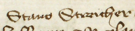 Z księgi rady miejskiej obejmującej lata 1392–1422 strony 232–233 z wpisem z roku 1406, stwierdzającym,
że w sobotę, w wigilię św. Cecylii dziewicy, Stanisław Streicher wraz z kilkoma innymi mieszczanami krakowskimi poręczył
za wymienione z imienia osoby, które miały stawić się przed królem – oraz powiększenie zapisu imienia
(Archiwum Państwowe w Krakowie, sygn. rkps 427, s. 232–233)