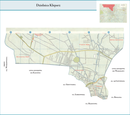 Dzielnica Kleparz według stanu z roku 1958 na przywołanym wcześniej planie miasta z 1964 r. – dzielnica obejmująca dawne
jednostki (dzielnice) katastralne (w całości lub w ich przeważającej części): Kleparz, Krowodrza, Bronowice Małe, Bronowice
Wielkie, Tonie, Prądnik Biały, Witkowice i Górka Narodowa. Zwraca uwagę, że w latach 1954–1957 granica między tą
dzielnicą a dzielnicą Zwierzyniec biegła osią ul. Krowoderskiej, natomiast od roku 1958 osią ul. Łobzowskiej. Opis przebiegu
granic tej dzielnicy podano na s. 696.