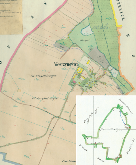 Centrum Węgrzynowic na mapie katastralnej sporządzonej dla gminy katastralnej Węgrzynowice w 1850 roku oraz
pochodzący z lat 1847–1848 plan sytuacyjny z wyrysowanymi granicami gminy Węgrzynowice i lokalizacją gmin sąsiadujących
(Archiwum Narodowe w Krakowie, sygn. K. Krak. 655 I, II; sygn. WM 563a, nlb.)