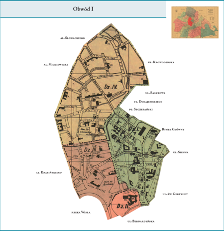 Obwód I według stanu z roku 1924 na przywołanym wcześniej planie miasta z 1925 r. – tę dzielnicę administracyjną
stanowiły: część dzielnicy katastralnej I–Śródmieście (z Rynkiem Głównym) oraz w całości dzielnice katastralne
II–Wawel, III–Nowy Świat i IV–Piasek. W zasadzie była to zachodnia i północno-zachodnia część Krakowa sprzed
przyłączeń dokonanych w ramach tworzenia Wielkiego Krakowa, tj. sprzed 1910 r. Użyte przy powyższym planie
dzielnicy nazwy terenowe podano według nazewnictwa obowiązującego aktualnie.