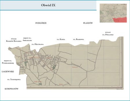 Obwód IX według stanu z roku 1951 na przywołanym wcześniej planie miasta z 1957 r. – dzielnica administracyjna
analogiczna do Obwodu IX z poprzedniego podziału wewnętrznego miasta, obejmująca zatem w całości dzielnice katastralne
XLVII–Bieżanów (tylko część tej gminy weszła w granice Krakowa, reszta gminy Bieżanów została przyłączona do miasta
w 1973 r.), XLVIII–Rżąka, XLIX–Prokocim, L–Wola Duchacka i LI–Piaski Wielkie. Użyte przy powyższym planie
dzielnicy nazwy terenowe podano według nazewnictwa obowiązującego aktualnie.