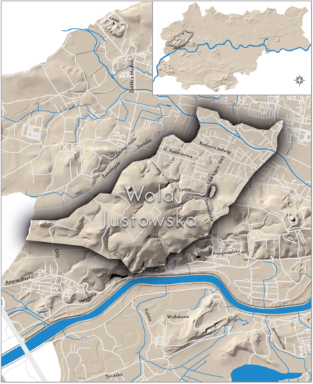 Orientacyjna lokalizacja dawnej wsi Wola Justowska w obecnych granicach Krakowa – na planie miasta oznaczono
jej położenie w kształcie wyznaczonym granicami jednostki katastralnej, jaką stanowiła, ze wskazaniem najstarszego,
historycznego centrum Woli (nazwanej „Chełmską”, później „Justowską”) w rejonie dzisiejszej ulicy Starowolskiej