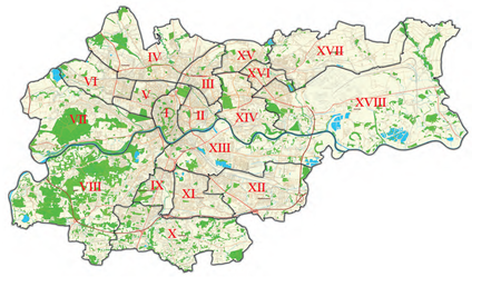 Podział Krakowa na 18 dzielnic miejskich według stanu aktualnego w 2017 r. –
na planie Krakowa wykonanym na podstawie danych krakowskiego Miejskiego Systemu Informacji Przestrzennej
przez Wydział Geodezji Urzędu Miasta Krakowa w 2017 r.