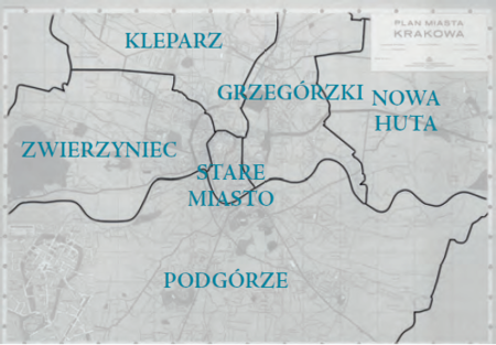 Plan konturowy podziału na dzielnice w latach 1954–1972
według stanu na rok 1958 (po korekcie z 1957 r.) na podkładzie planu
miasta przedstawionego w pełnym kształcie na s. 694