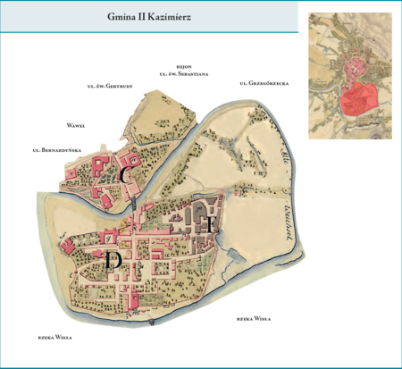 Gmina II Kazimierz według stanu z roku 1811 na przywołanym wcześniej planie miasta z 1811 r. – w skład tej
dzielnicy, analogicznie jak w przypadku podziału miasta na 4 cyrkuły (w latach 1792 i 1794) oraz podziału na miasto
i 3 wydziały (lata 1802–1811), wchodził Kazimierz chrześcijański, Miasto Żydowskie, osady Bawół i Podbrzezie,
a od strony północnej dawne przedmieście Kazimierza – Stradom. Analiza materiałów źródłowych pozwala przypuszczać,
że w porównaniu z poprzednimi okresami na tym etapie podziału administracyjnego miasta przesunięto granicę tej
dzielnicy na Stradomiu w kierunku północno-wschodnim, aż do rejonu dzisiejszej ul. św. Sebastiana. Użyte przy
powyższym planie gminy nazwy terenowe podano według nazewnictwa obowiązującego aktualnie.