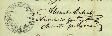zwierzchZ
akt zawierających kontrakty gminy Podgórze obejmujące lata 1835–1885: dokument z 1868 roku zatwierdzający na podstawie
stosownej uchwały rady gminnej, potwierdzonej przez Wydział Krajowy w Lwowie, kontrakt zawarty między miastem
a Janem Böhmem – oraz zbliżenie podpisu i pieczęci miejskiej (Archiwum Narodowe w Krakowie, sygn. P 43, s. 147)