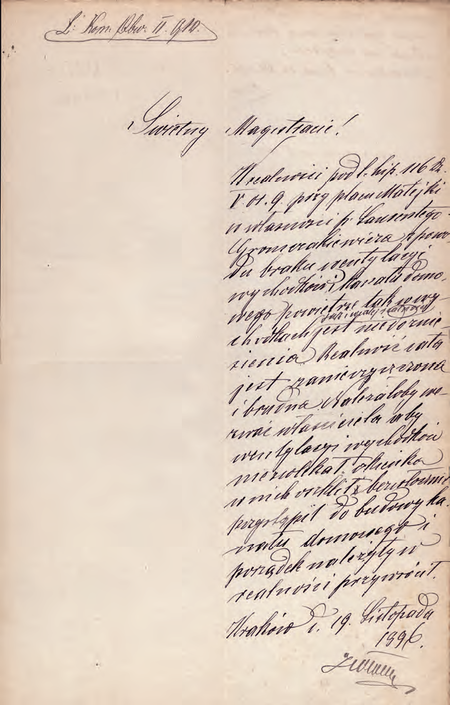 Z magistrackich ksiąg realności sporządzone w 1896 r. wystąpienie komisarza Jana Chryzostoma
Włocha do Magistratu w sprawie braku wentylacji wychodków i kanału domowego oraz
zanieczyszczenia i brudu w realności przy pl. Matejki, której właścicielem jest Laurenty
Gromczakiewicz, były komisarz tegoż Obwodu II
(Archiwum Narodowe w Krakowie, sygn. Kr 7301, nlb)