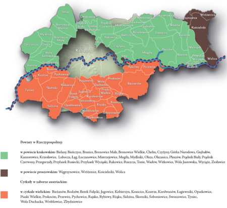 Na planie obrazującym dzisiejsze granice Krakowa miejscowości przyłączone do Krakowa po 1915 roku, oznaczone kolorami określającymi
ich przynależność do powiatów w I Rzeczypospolitej oraz cyrkułów na terenach pod zaborem austriackim w latach 1772–1782