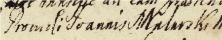 Z księgi wójtowsko-ławniczej Kleparza obejmującej lata 1720–1728: fragment wpisu z 1723 roku
dotyczącego sprawy z udziałem ówczesnego burmistrza Jana Malarskiego – zbliżenie zapisu funkcji i imienia
(Archiwum Narodowe w Krakowie, sygn. KL 17, s. 36)