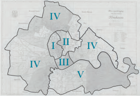 Plan konturowy podziału na obwody w latach 1915–1928 według
stanu z roku 1924 na podkładzie planu miasta
przedstawionego w pełnym kształcie na s. 497