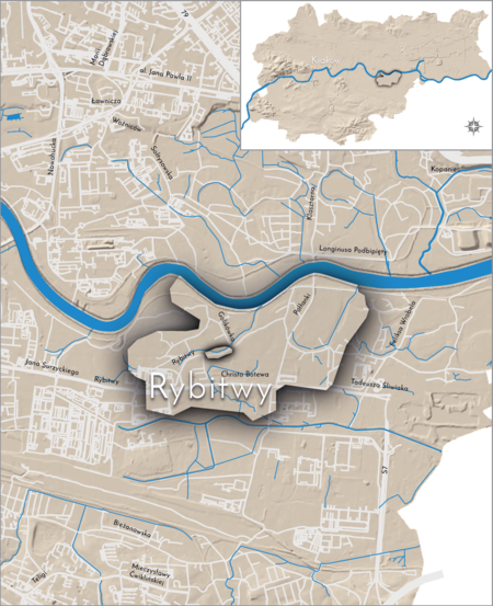 Orientacyjna lokalizacja dawnej wsi Rybitwy w obecnych granicach Krakowa – na planie miasta oznaczono
jej położenie w kształcie wyznaczonym granicami jednostki katastralnej, jaką stanowiła, ze wskazaniem najstarszego,
historycznego centrum Rybitw w rejonie dzisiejszej ulicy Golikówka