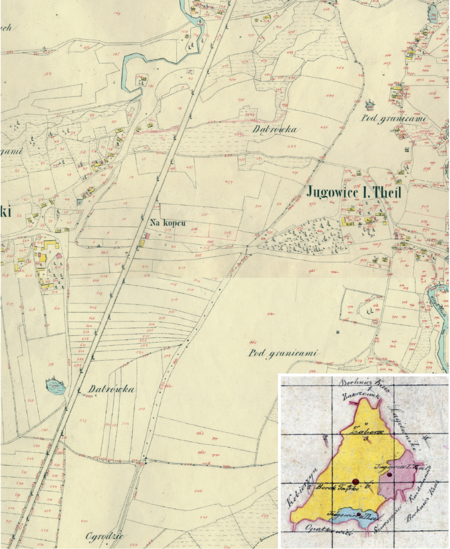 Fragment Jugowic na mapie katastralnej sporządzonej dla gminy katastralnej Jugowice w 1848 roku oraz pochodzący z 1845 roku plan
sytuacyjny z wyrysowanymi granicami gminy Jugowice I i II oraz lokalizacją gmin sąsiadujących
(Archiwum Narodowe w Krakowie, sygn. K. Krak. 56 III, VI; sygn. 29/280/938, k. 1)