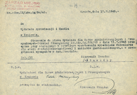 Z magistrackich akt Korespondencja ogólna dotycząca spraw administracyjno-przemysłowych wykazy
i kwestionariusze zakładów przemysłowych oraz zakładów przemysłu gospodniego (hoteli i pensjonatów)
1945–1946 sporządzone w 1945 r. przez kierownika Mieczysława Zawodnego pismo przewodnie do wykazu
placówek związanych z gastronomią
(Archiwum Narodowe w Krakowie, sygn. 29-699-437, nlb)