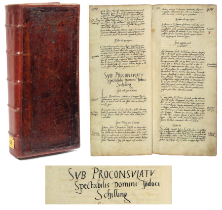 Z księgi radzieckiej obejmującej wpisy z lat 1540–1542 przód oprawy księgi i strony 400–401 dotyczące roku 1541
z nagłówkiem otwierającym wpisy spraw dziejących się za kadencji burmistrzowskiej Jodoka Schillinga –
oraz powiększenie zapisu imienia i funkcji burmistrza (Archiwum Państwowe w Krakowie, sygn. rkps 438, s. 400–401)