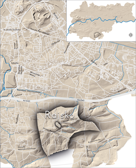 Orientacyjna lokalizacja dawnej wsi Rajsko w obecnych granicach Krakowa – na planie miasta oznaczono
jej położenie w kształcie wyznaczonym granicami jednostki katastralnej, jaką stanowiła, ze wskazaniem
najstarszego, historycznego centrum Rajska w rejonie dzisiejszej ulicy Kuryłowicza