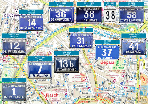 Fot. 48. Na fragmencie planu Kraków Wydawnictwa Gauss s.c. w Krakowie, wydanie XIV, 2016/17 r., przegląd rodzajów tabliczek orientacyjnych wzdłuż losowo dobranej al. Słowackiego, według stanu z lutego 2018 r. – dokonany dla przybliżenia tych drobnych reliktów przeszłości codziennie mijanych na ulicach Krakowa, ale i ukazania złożonej przynależności dzielnicowej krakowskich ulic na przestrzeni ostatnich dziesięcioleci. 
Ta część Alei Trzech Wieszczów ukształtowana została w latach 30. XX w. Jak w całym mieście obowiązuje tam numeracja orientacyjna według zasad wprowadzonych w Krakowie jeszcze w 1881 r., numery domów nie zmieniały się. Zmieniała się natomiast przynależność dzielnicowa uwidaczniana na tabliczkach z numerami. Zmiany te przebiegały następująco:

LEWA STRONA – PARZYSTA:
• do roku 1954 – część od pl. Inwalidów do ul. Grottgera w dz. kat. XV Nowa Wieś, dalsza część w dz. kat. XVII Krowodrza,
• w latach 1954–1972 – część od pl. Inwalidów do ul. Grottgera w dz. Zwierzyniec, część w dz. Kleparz,
• w latach 1973–1991 – całość tej strony alei w dz. Krowodrza,
• od roku 1991 – całość tej strony alei w dz. V, od 2006 r. z nazwą Krowodrza.

PRAWA STRONA – NIEPARZYSTA:
• do roku 1954 – część od ul. Karmelickiej do ul. Krowoderskiej w dz. kat. IV Piasek, dalsza część w dz. kat. V Kleparz,
• lata 1954–1972 – część od ul. Karmelickiej do ul. Krowoderskiej w dz. Zwierzyniec, dalsza część w dz. Kleparz,
• lata 1973–1991 – całość tej strony alei w dz. Śródmieście,
• od roku 1991 – całość tej strony alei w dz. I, od 2006 r. z nazwą Śródmieście.

I tak na al. Słowackiego, po obu jej stronach, zidentyfikowano na frontonach kamienic cały, bez wyjątku, komplet różnych rodzajów tabliczek, obowiązujących od utworzenia tego ciągu komunikacyjnego do chwili obecnej. Zatem jest to pełny przegląd zmian przynależności dzielnicowej poszczególnych fragmentów alei w trakcie jej – niedługo już – stuletniego istnienia. Co więcej, stare, historyczne już tabliczki z różnych okresów służą nadal, zresztą jako jedyne w przypadku znakomitej większości tamtejszych kamienic – sama numeracja, jak powiedziano już, nie zmieniła się, a zmiany przynależności dzielnicowej, jak widać, były i są uwidaczniane na domach od przypadku do przypadku. Dość wskazać, że na łączną liczbę 56 domów położonych przy al. Słowackiego tylko na 10 znajdują się aktualne tabliczki orientacyjne z prawidłowym wskazaniem dzielnicy.