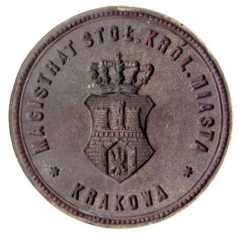 (025) Stempel herbowej pieczęci magistrackiej Stołecznego
Królewskiego Miasta Krakowa (odbicie zwierciadlane)
z początków doby autonomii galicyjskiej, tj. po 1866 r. – herb
miasta prezentuje wersję „wyszczuploną” tarczy herbowej;
ta estetyka nie przyjmie się jednak na trwałe
(ANK, sygn. T 261)