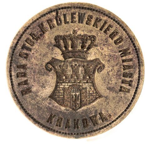 (026) Stempel herbowej pieczęci Rady Miejskiej Stołecznego
Królewskiego Miasta Krakowa (zwierciadlane odbicie)
z okresu autonomii galicyjskiej; rysunek herbu w kształcie,
który przyjął się w urzędowym i powszechnym stosowaniu
aż do wybuchu II wojny światowej w 1939 r.
(MK, nr inw. MHK 3742 b/III)