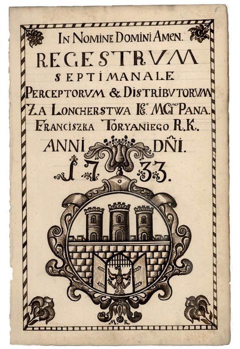 (461) Rok 1733 – rysunek piórkiem na stronie tytułowej
księgi miejskiej finansowej założonej dla zapisów prowadzonych
w tymże roku (ANK, sygn. rkps 2103)